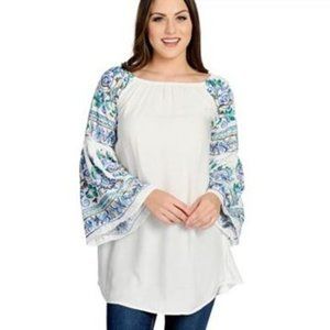 OSO Casuals Woven Embroidered Bell Sleeve Top in S